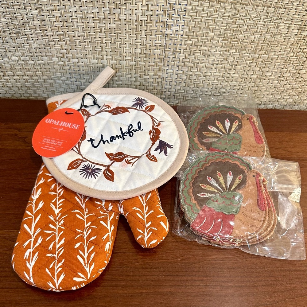 🍁🌟HP🌟Thanksgiving Hostess Set: 2 Potholders & 8 Fabric Turkey Coasters